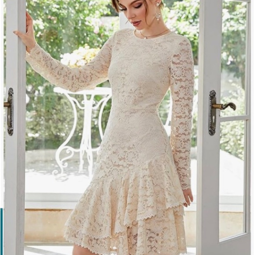 🌹2X HOST PICK🌹TICOSA BEIGE LACE DRESS WITH RUFFLE LAYERED LACE HEM/SZ L